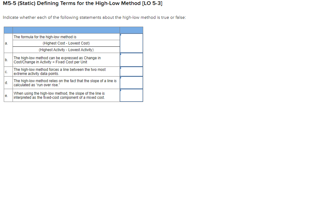  M5-5 (Static) Defining Terms for the High-Low Method [LO 5-3] Indicate