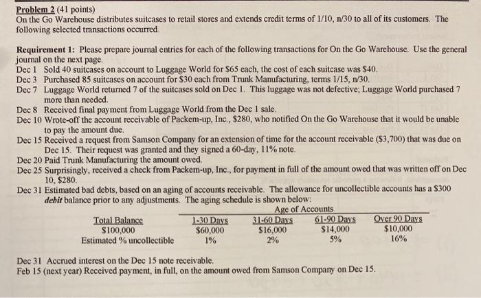  Problem 2 (41 points) On the Go Warehouse distributes suitcases to