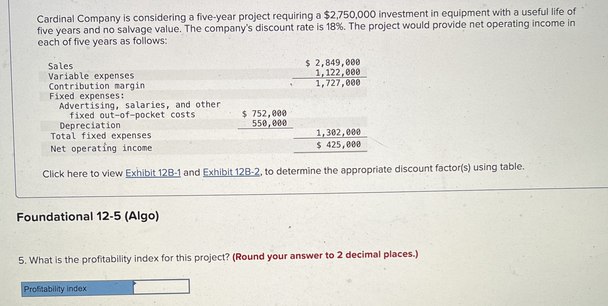  Cardinal Company is considering a five-year project requiring a $2,750,000 investment