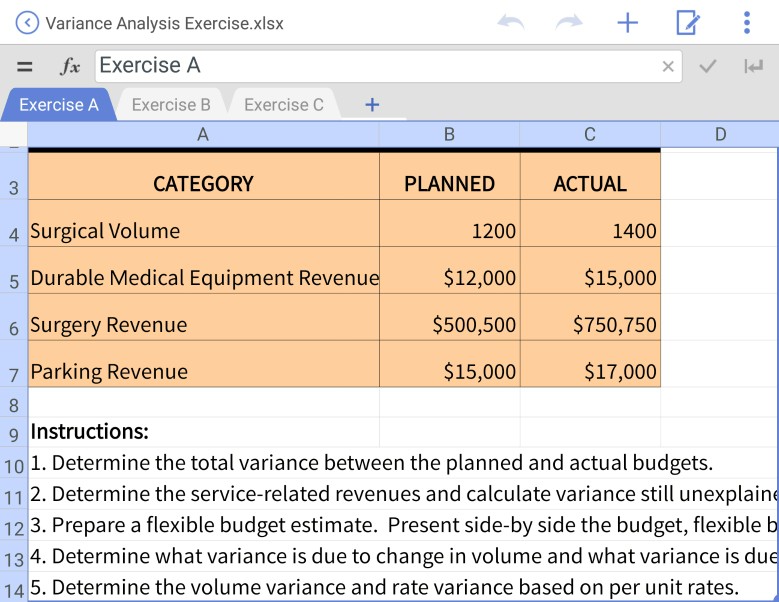  Variance Analysis Exercise.xlsx = fe Exercise A Exercise A Exercise B