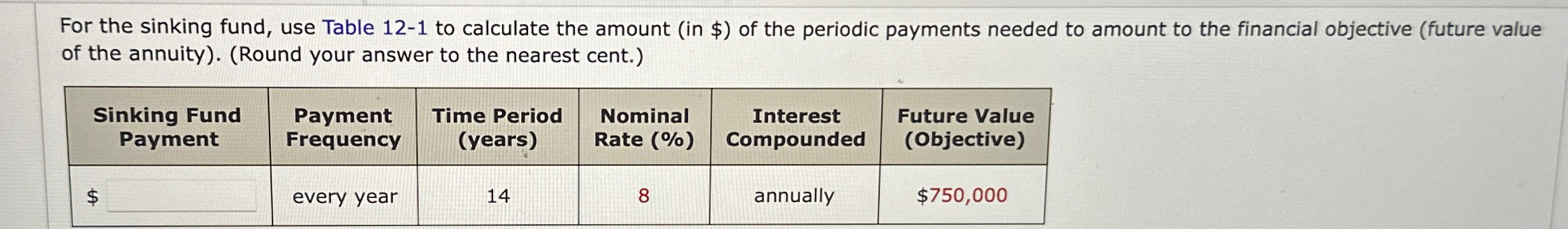  For the sinking fund, use Table 12-1 to calculate the amount