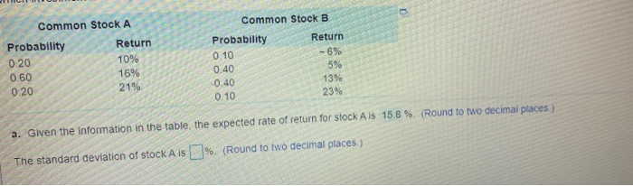  Common Stock A Probability Return 0.20 10% 0.60 16% 0.20 21%