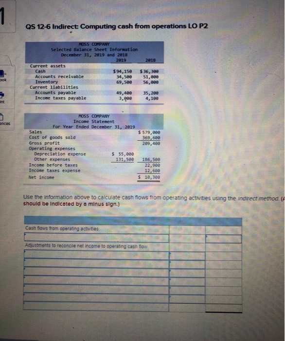  QS 12-6 Indirect: Computing cash from operations LO P2 2018 MOSS