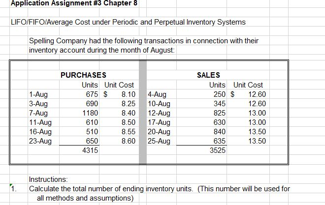  Application Assignment #3 Chapter 8 LIFO/FIFO/Average Cost under Periodic and Perpetual