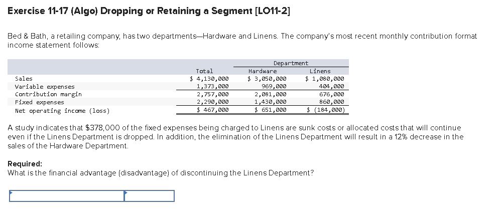  Exercise 11-17(Algo) Dropping or Retaining a Segment [LO11-2] Bed & Bath,