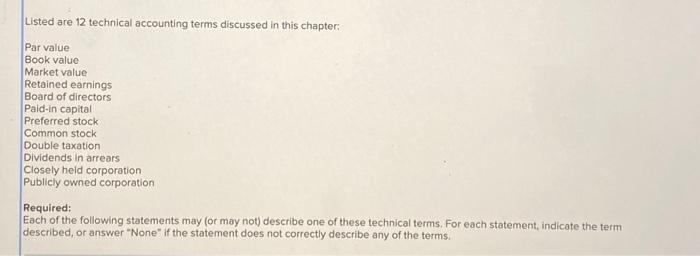  Listed are 12 technical accounting terms discussed in this chapter: Par