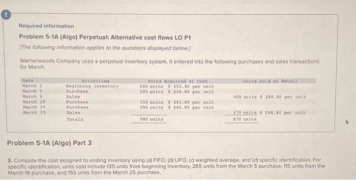 please help answer all ASAP! Required information Problem 5-1A (Algo) Perpetual: Alternative
