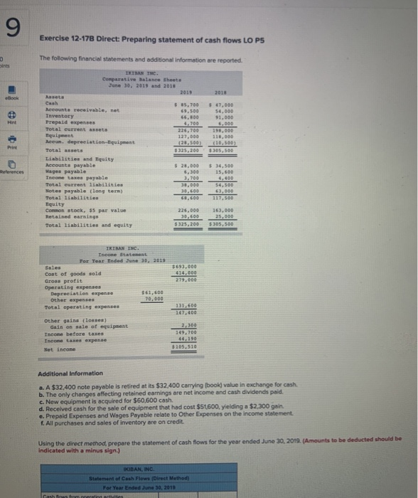  9 Sints ebook Hint Exercise 12-17B Direct: Preparing statement of cash
