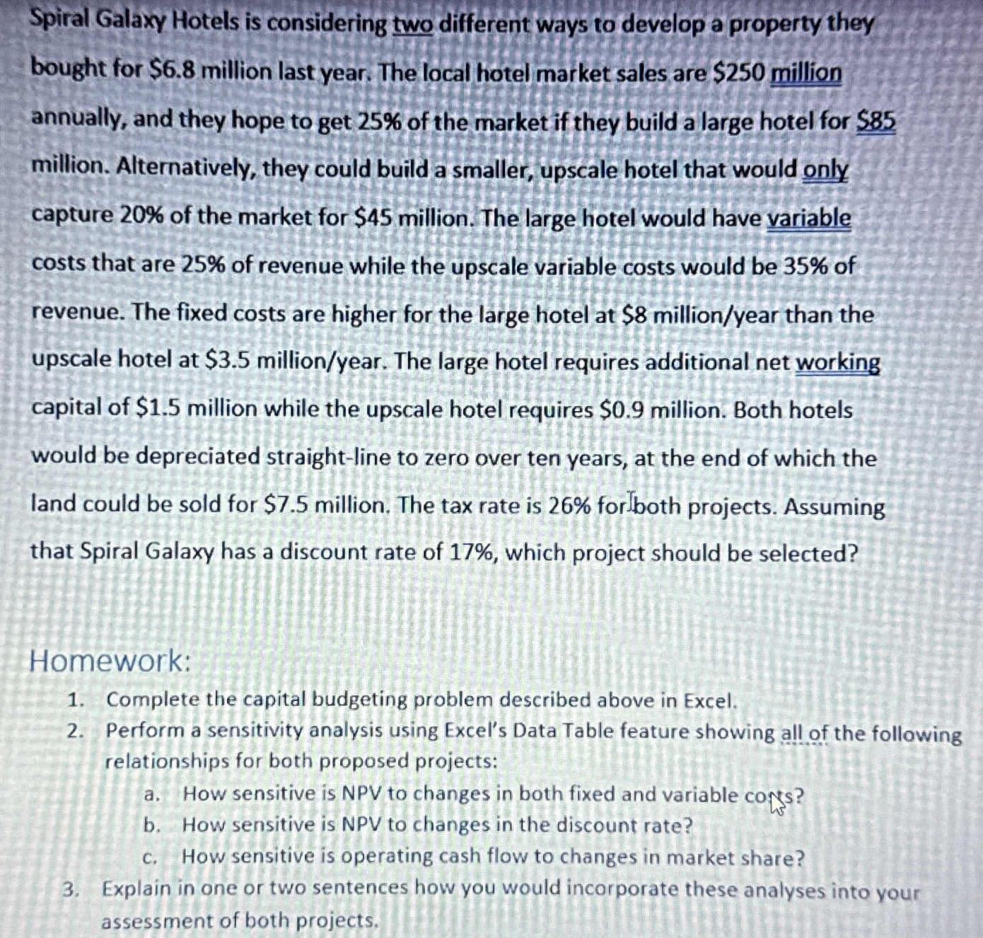  Spiral Galaxy Hotels is considering two different ways to develop a