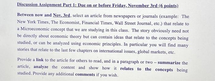  Discussion Assignment Part 1: Due on or before Friday, November 3rd
