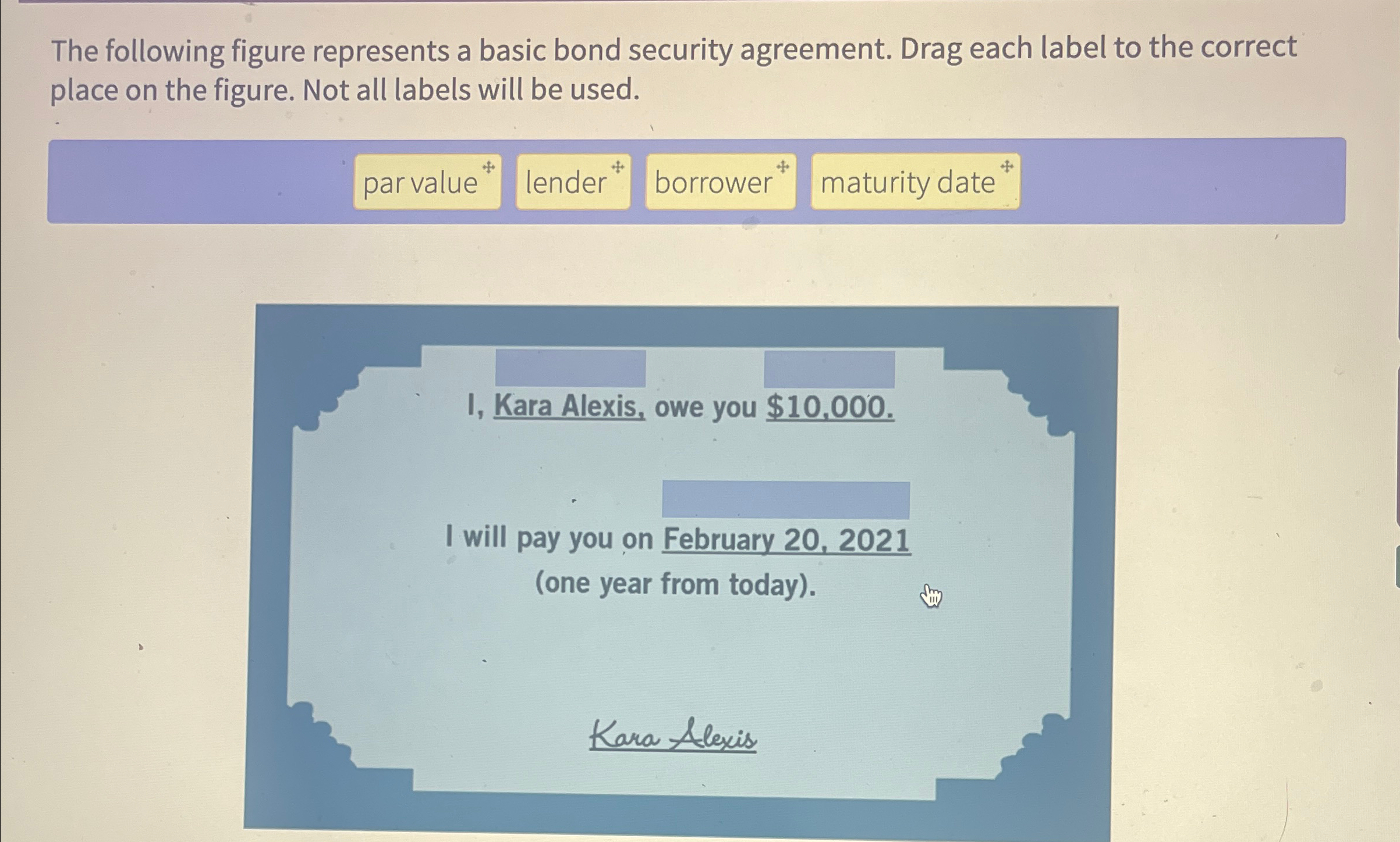  The following figure represents a basic bond security agreement. Drag each