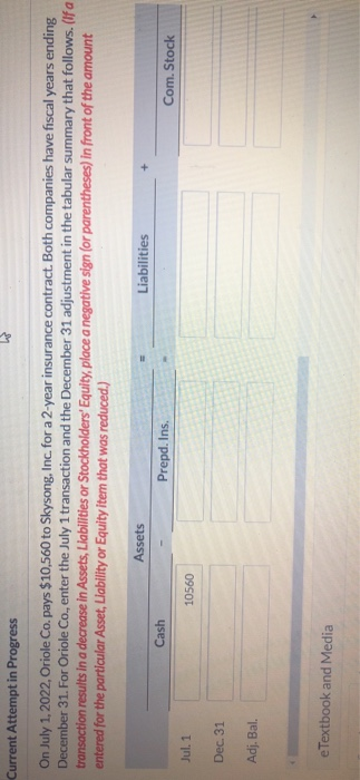  Current Attempt in Progress On July 1, 2022, Oriole Co.pays $10,560
