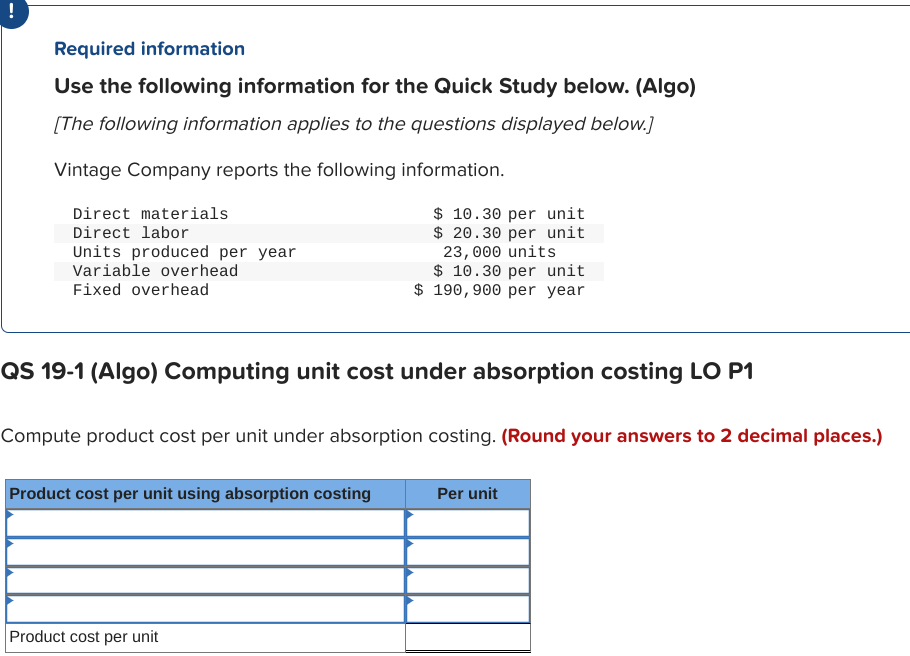  Required information Use the following information for the Quick Study below.