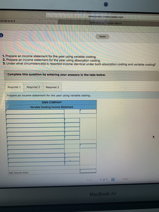 under absorption costing and variable costing LO P2 Sims Company, a manufacturer