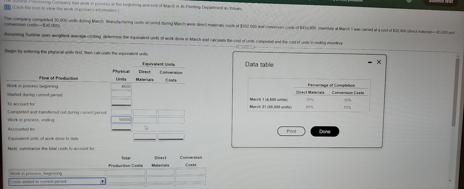 submit test Me Sunline Processing Company had work in process at