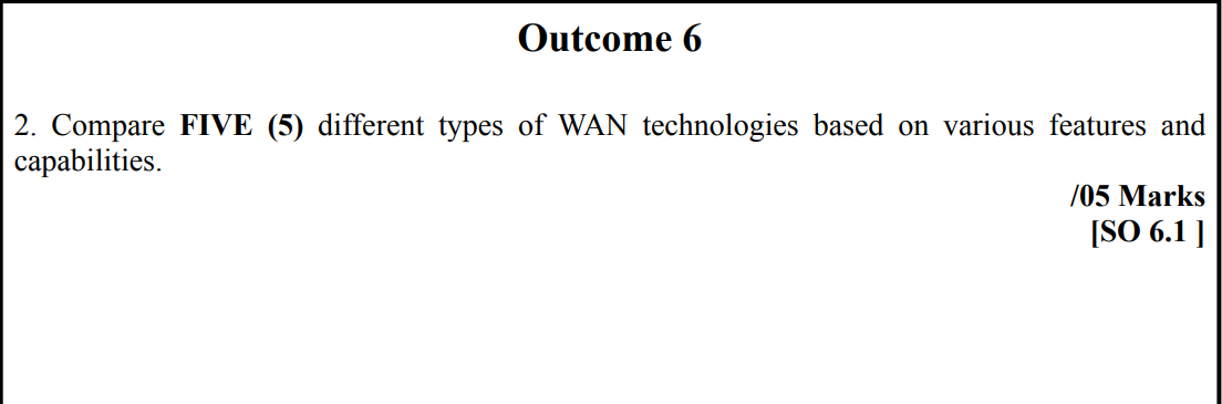 2. Compare FIVE (5) different types of WAN technologies based on