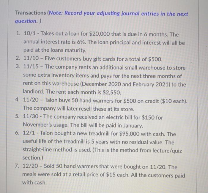  all one question Transactions (Note: Record your adjusting journal entries in