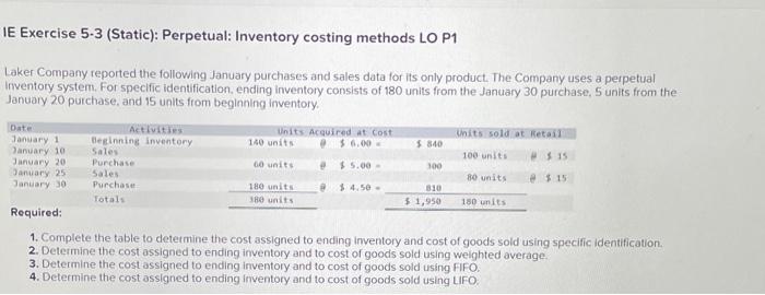 please help with parts 1-4 E Exercise 53 (Static): Perpetual: Inventory costing