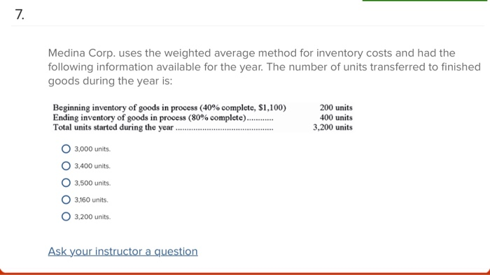  7 Medina Corp. uses the weighted average method for inventory costs