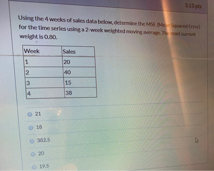  3.13 pts Using the 4 weeks of sales data below, determine