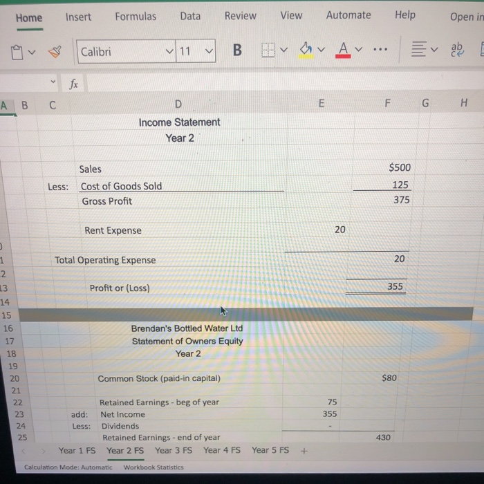  Home Insert Formulas Data Review View Automate Help Open in Calibri