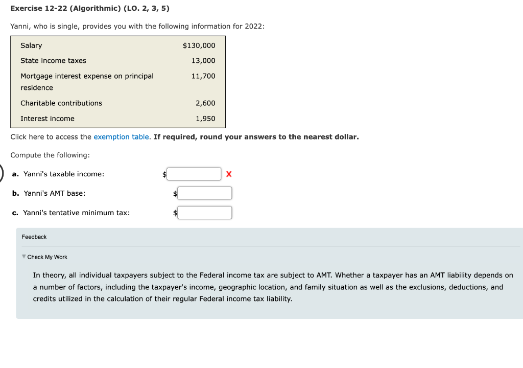  Exercise 12-22 (Algorithmic) (LO. 2, 3, 5) Yanni, who is single,