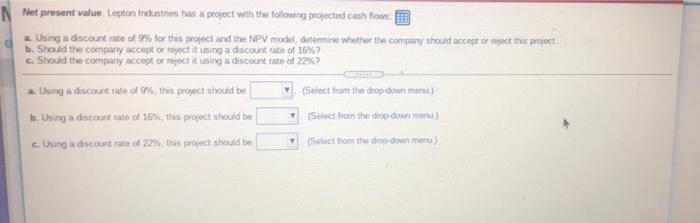  N Net present value. Lepton Industries has a project with the