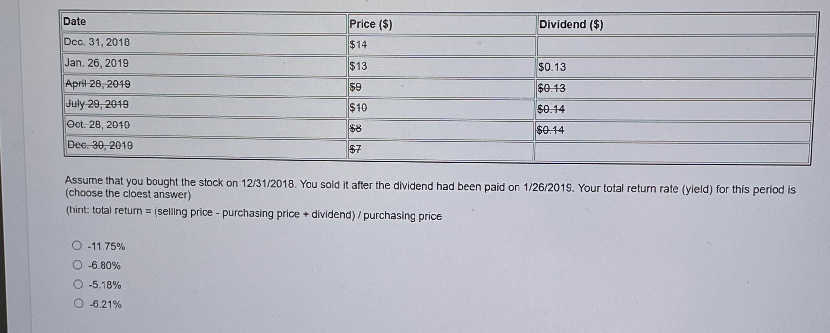  \table[[Date,Price ($),Dividend ($)],[Dec.31,2018,$14,],[Jan.26,2019,$13,$0.13 