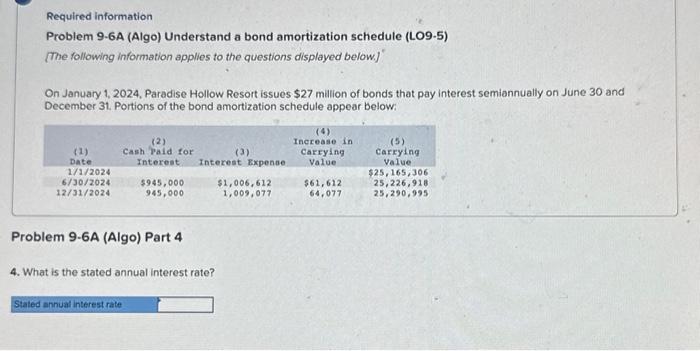 9-24 Required information Problem 9-6A (Algo) Understand a bond amortization schedule (LO9-5)