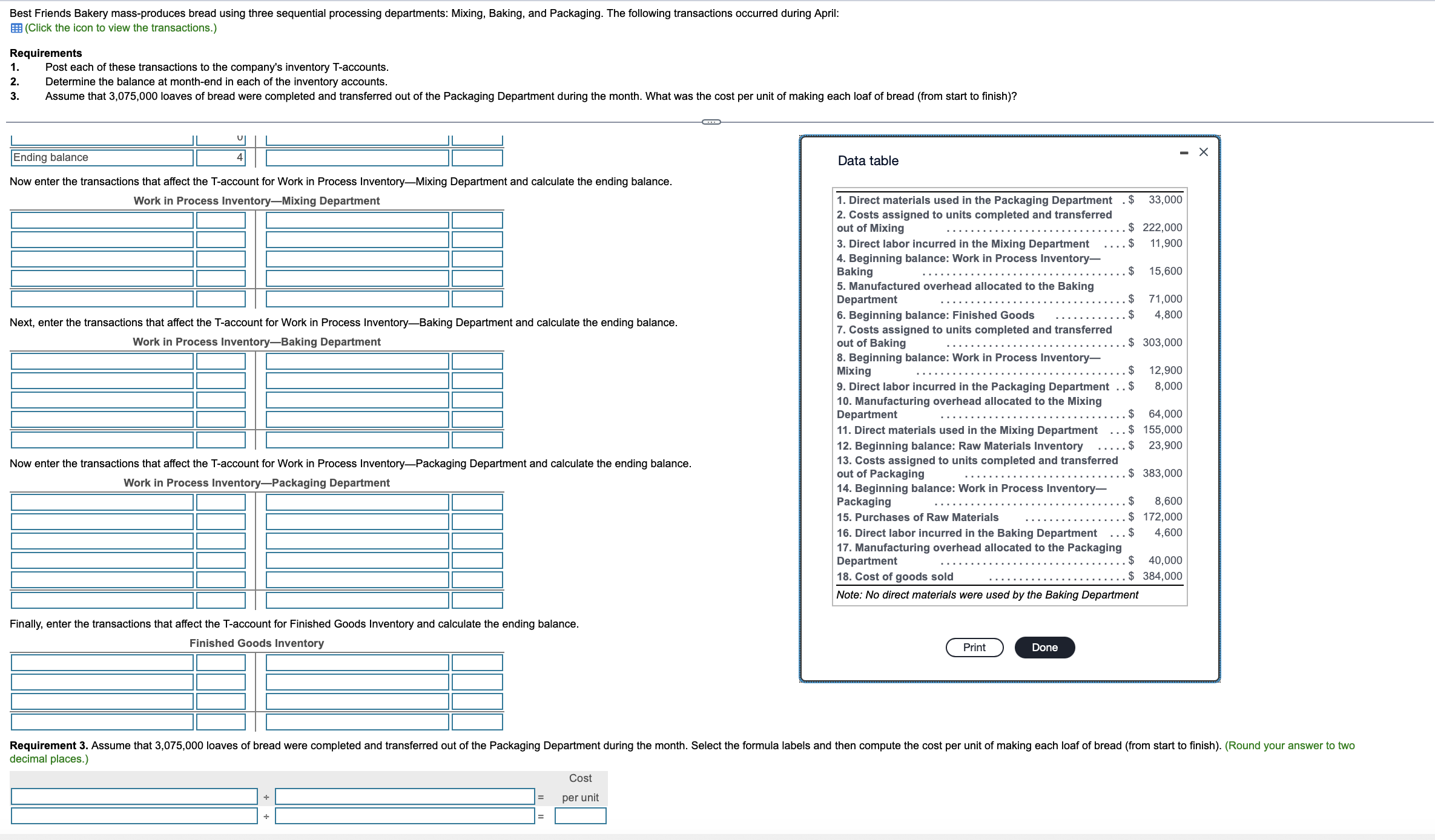  Best Friends Bakery mass-produces bread using three sequential processing departments: Mixing,