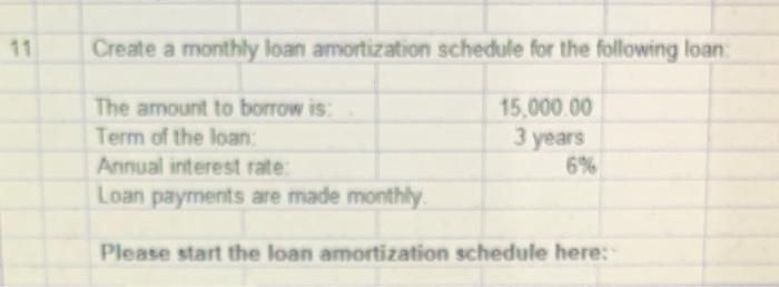 please use excel. Create a monthly loan amortization schedule for the following