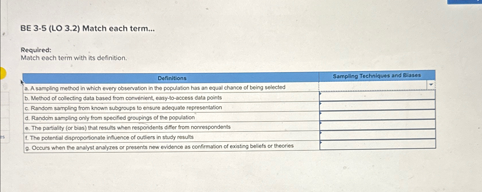  BE 3-5(LO 3.2) Match each term... Required: Match each term with