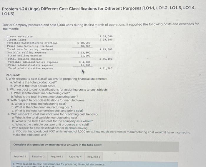  Problem 1-24 (Algo) Different Cost Classifications for Different Purposes [LO1-1, LO1-2,