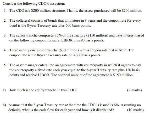 Consider the following CDO transaction: 1. The CDO is a $200