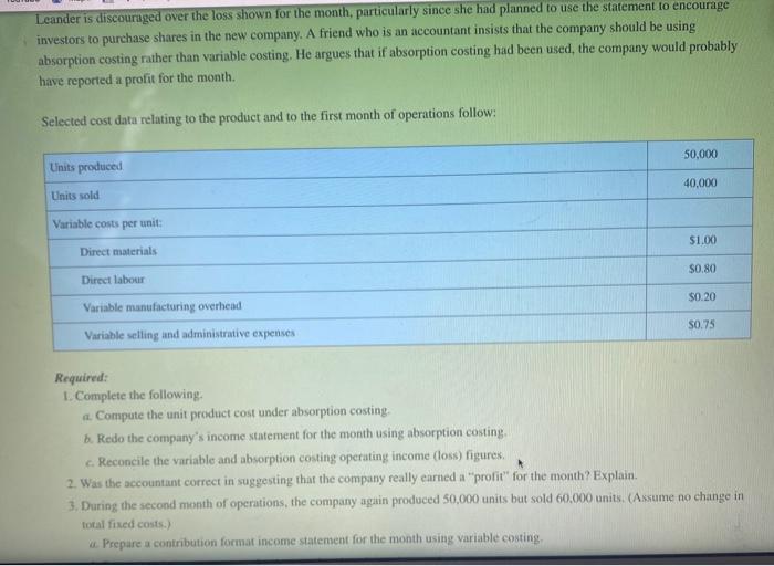 Variable Costing; Production Constant, Sales Fluctuate |LOL.LO2@.L03@.L04@1 Leander Office Products Inc. produces