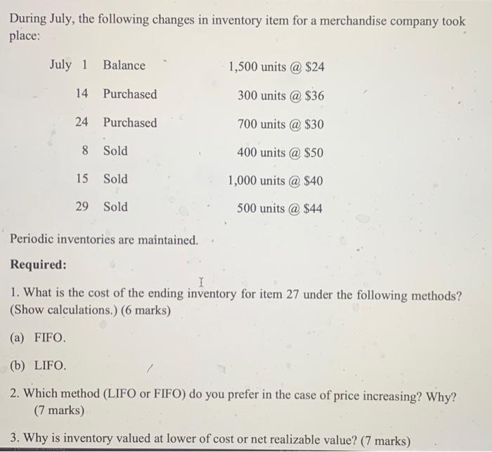  During July, the following changes in inventory item for a merchandise