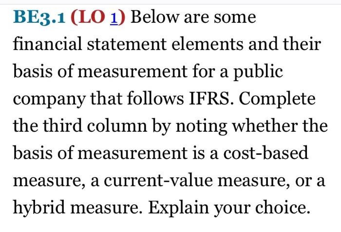  BE3.1 (LO 1) Below are some financial statement elements and their