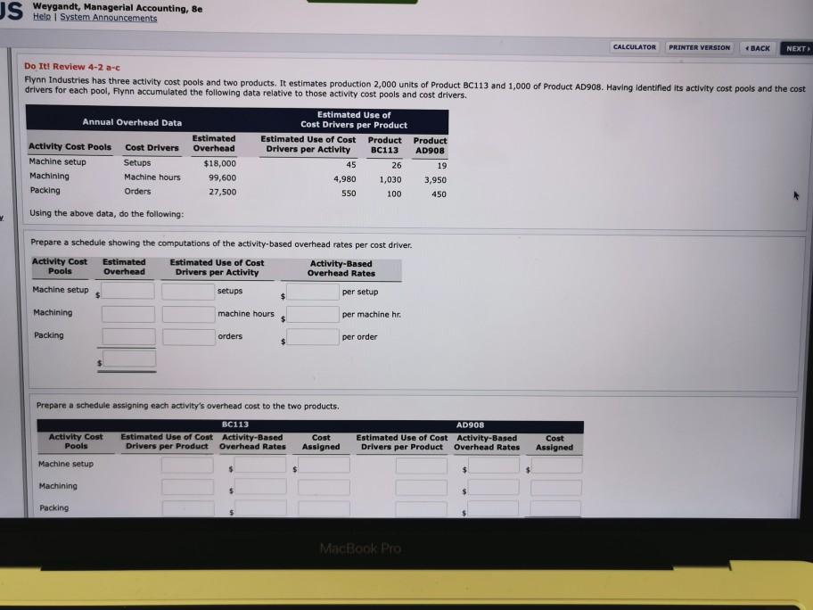  JS gaste Managerial Accounting, 8e CALCULATOR PRINTER VERSION BACK NEXT Do