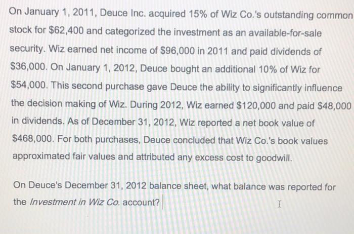 please provide the steps: On January 1, 2011, Deuce Inc. acquired 15%