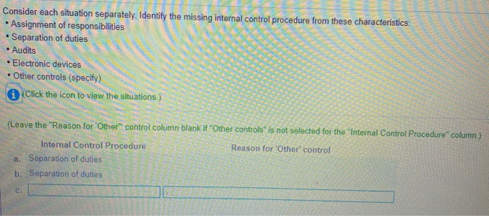  Consider each situation separately. Identify the missing internal control procedure from