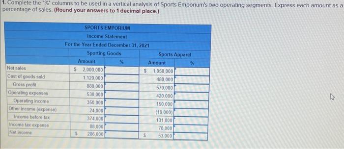  1. Complete the "\%" columns to be used in a vertical
