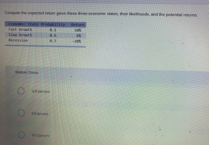  Compute the expected return given these three economic states, their likelihoods,