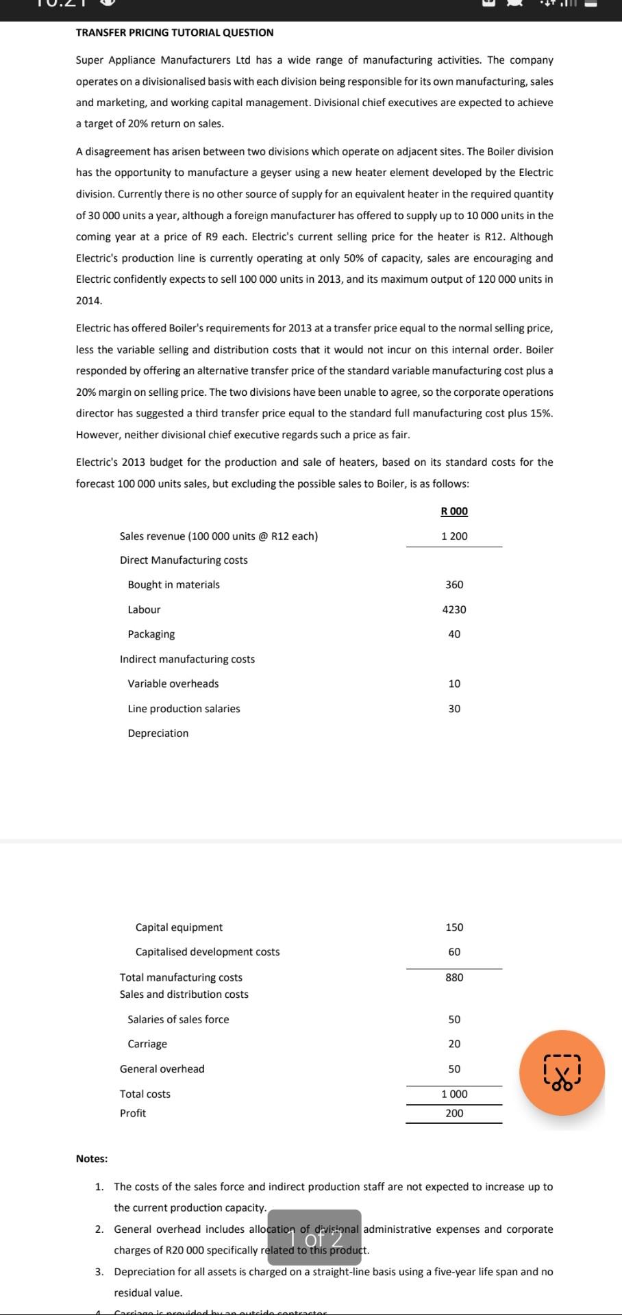 TRANSFER PRICING TUTORIAL QUESTION Super Appliance Manufacturers Ltd has a wide