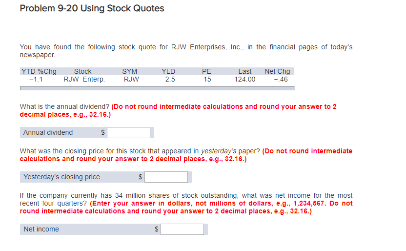  Problem 9-20 Using Stock Quotes You have found the following stock