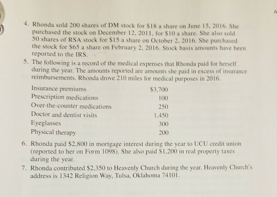 to complete Rhonda Hill's 2016 federal income tax return. If information is