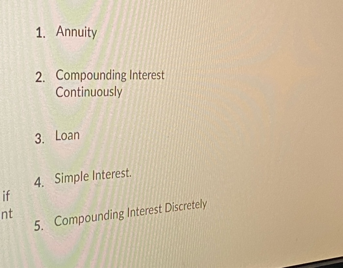  1. Annuity 2. Compounding Interest Continuously 3. Loan 4. Simple Interest