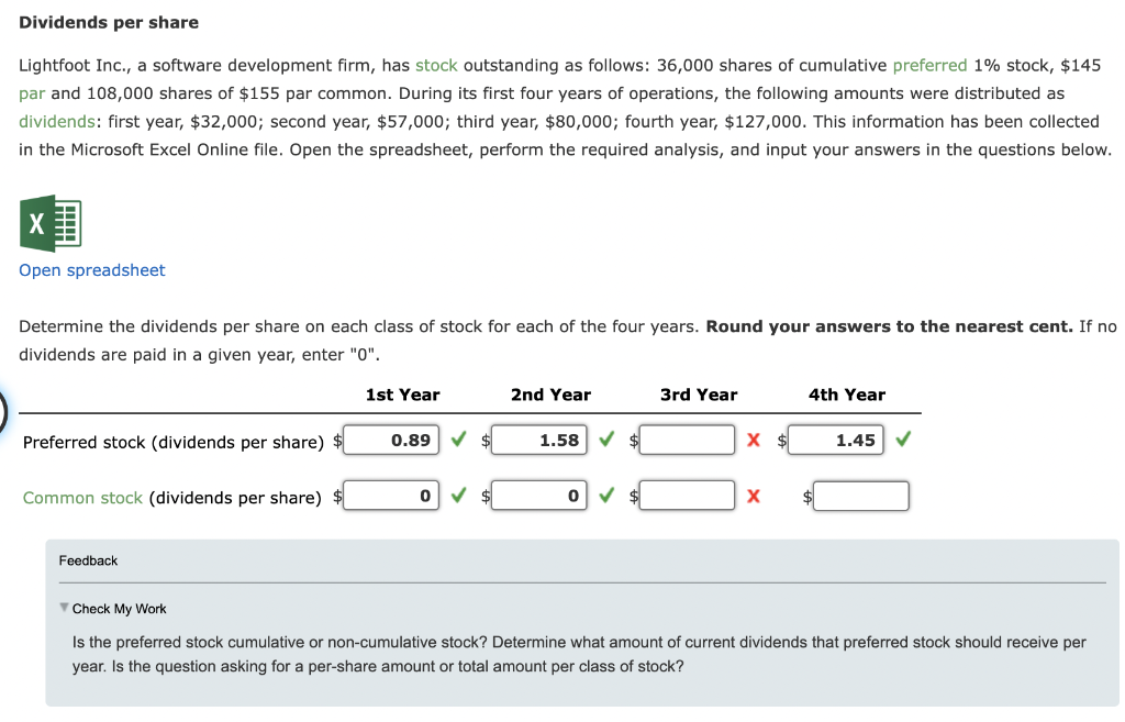 Dividends per share Lightfoot Inc., a software development firm, has stock