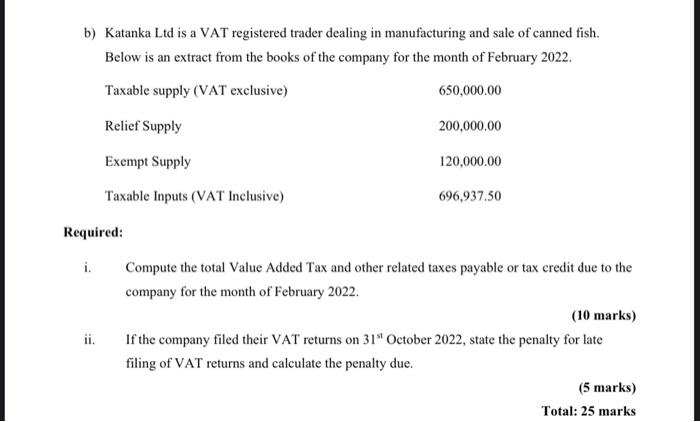  b) Katanka Ltd is a VAT registered trader dealing in manufacturing