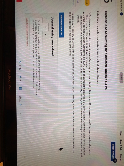  Help Save &Exilt Submit 10 Check my work Exercise 9-12 Accounting