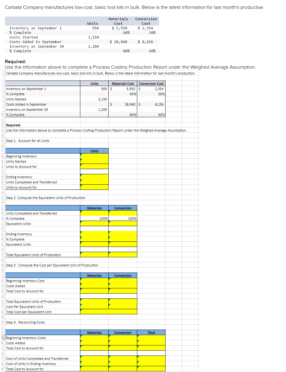 Create a spreadsheet and fill out the highlighted information, or provide information